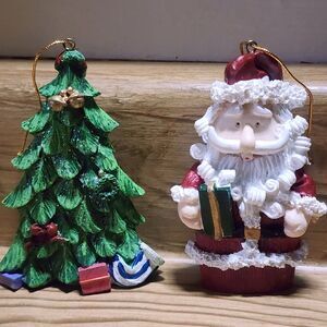 Vintage Marathon Gas Oil Hanging Santa & Christmas Tree Ornaments 2001 Set Of 2